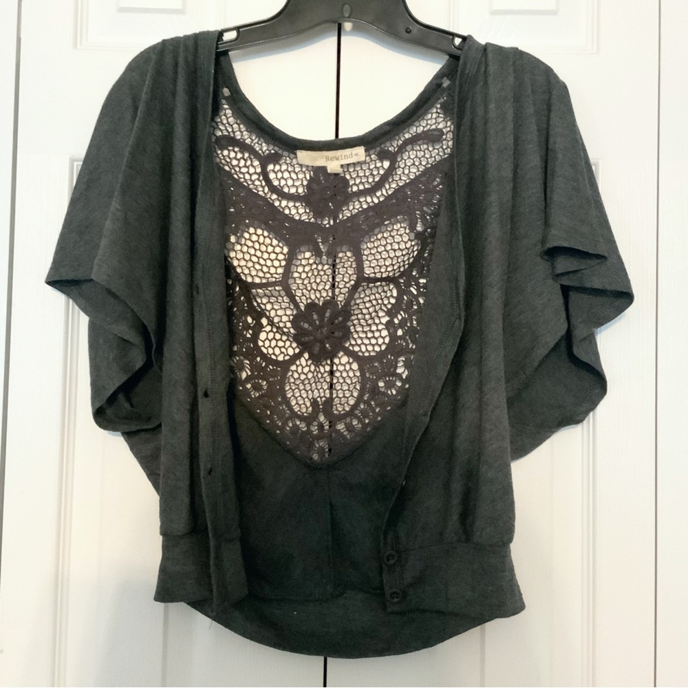 Rewind Size XS Grey Lace Cropped Short Sleeved Button Up Cardigan